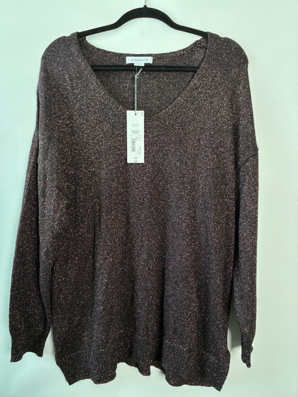 Liz Claiborne Metallic Black/Gold V-Neck Sweater, Dropped Shoulder